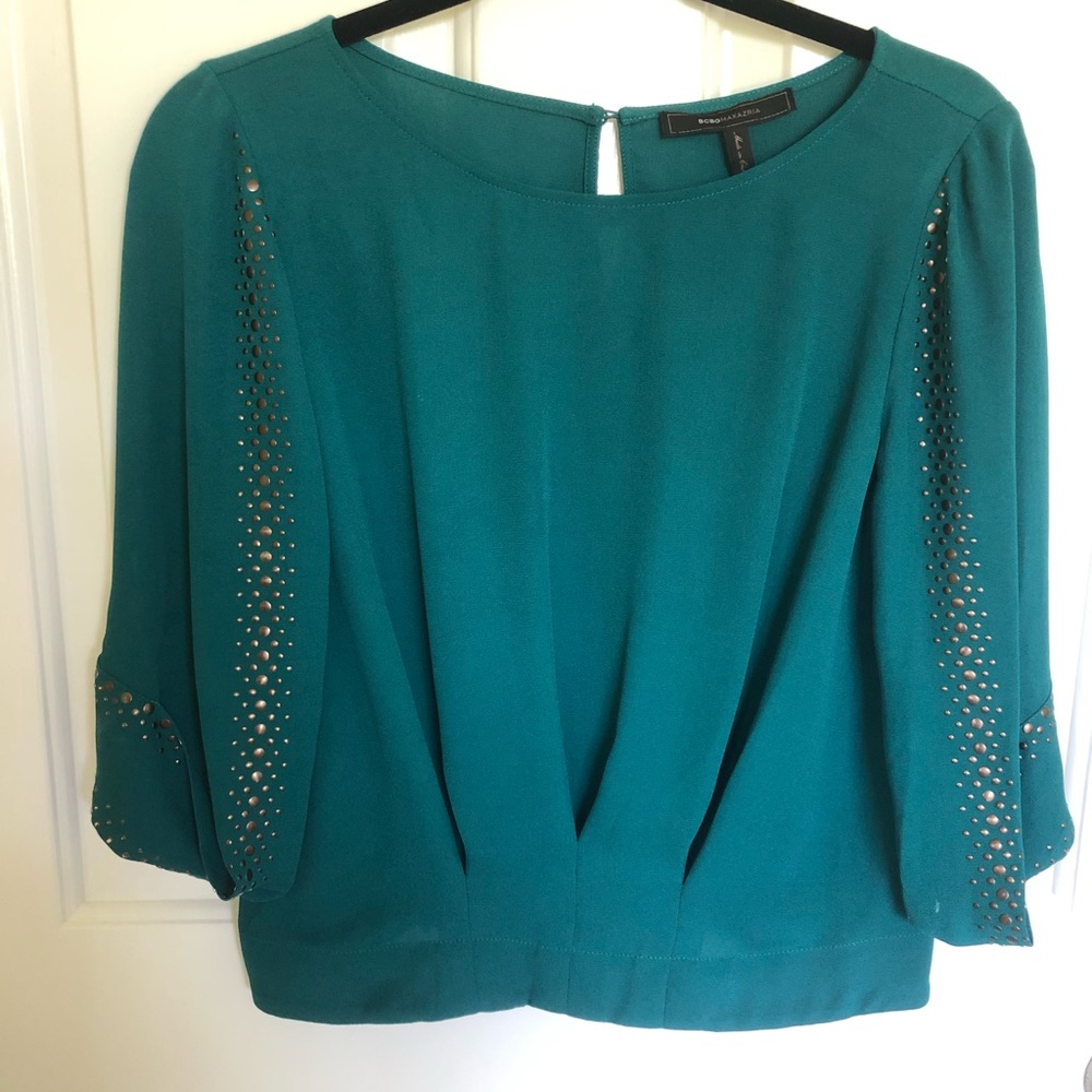 BCBG jewel green blouse with studs sz S